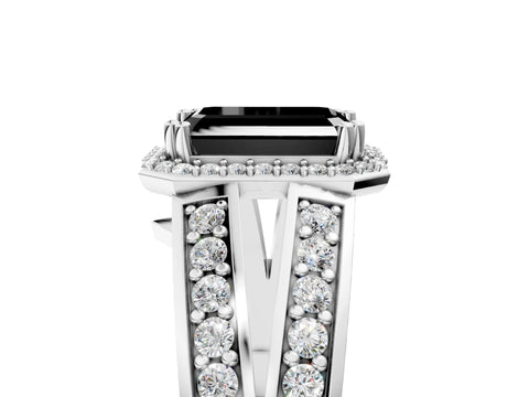 White gold Fancy Black Emerald Cut Diamond Halo Ring with Split Shank Pavé Band and Four-Prong Setting_5