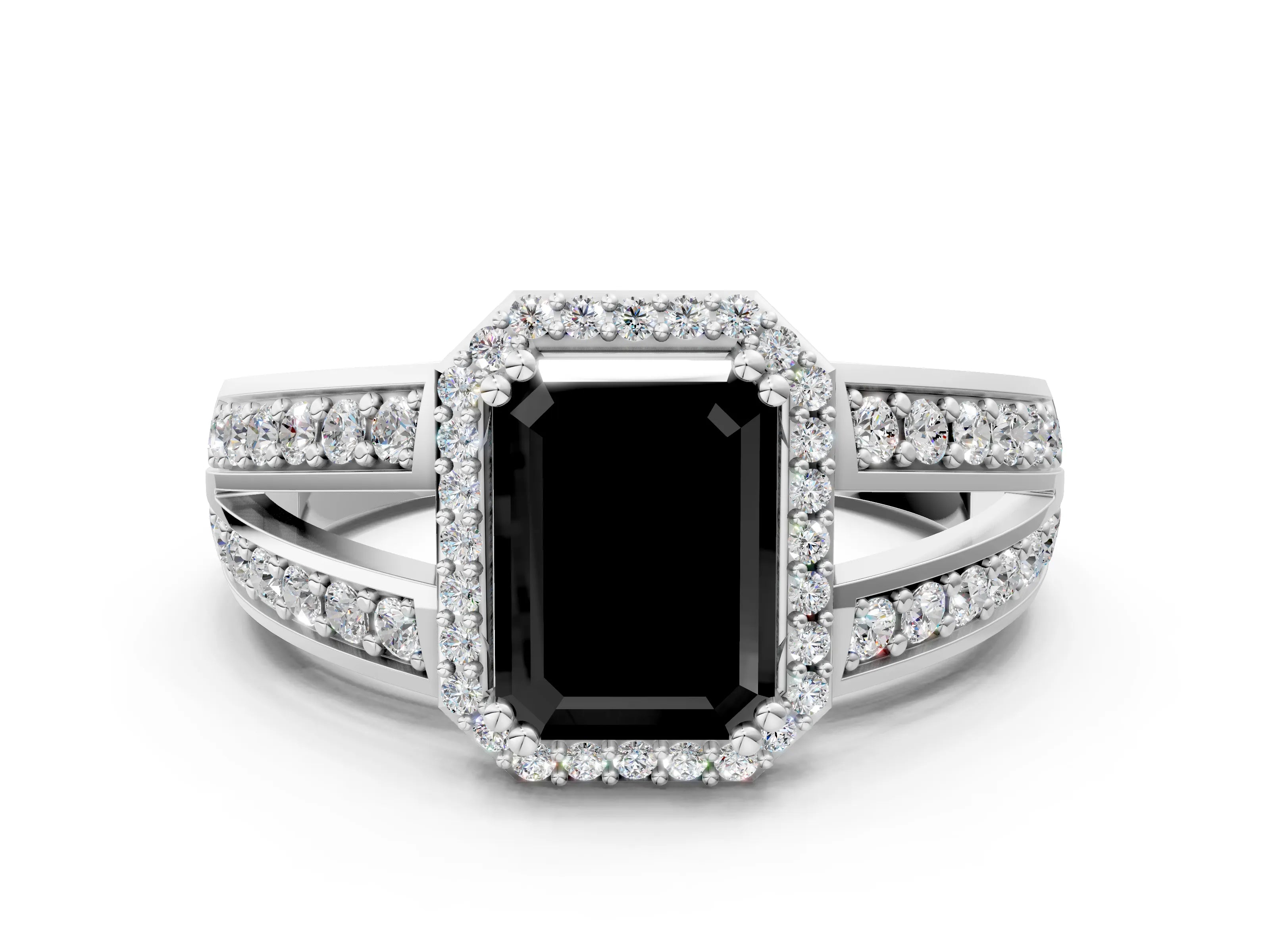 White gold Fancy Black Emerald Cut Diamond Halo Ring with Split Shank Pavé Band and Four-Prong Setting