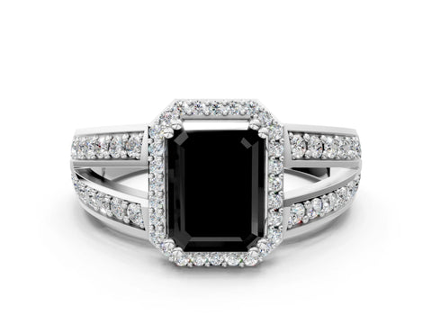 White gold Fancy Black Emerald Cut Diamond Halo Ring with Split Shank Pavé Band and Four-Prong Setting