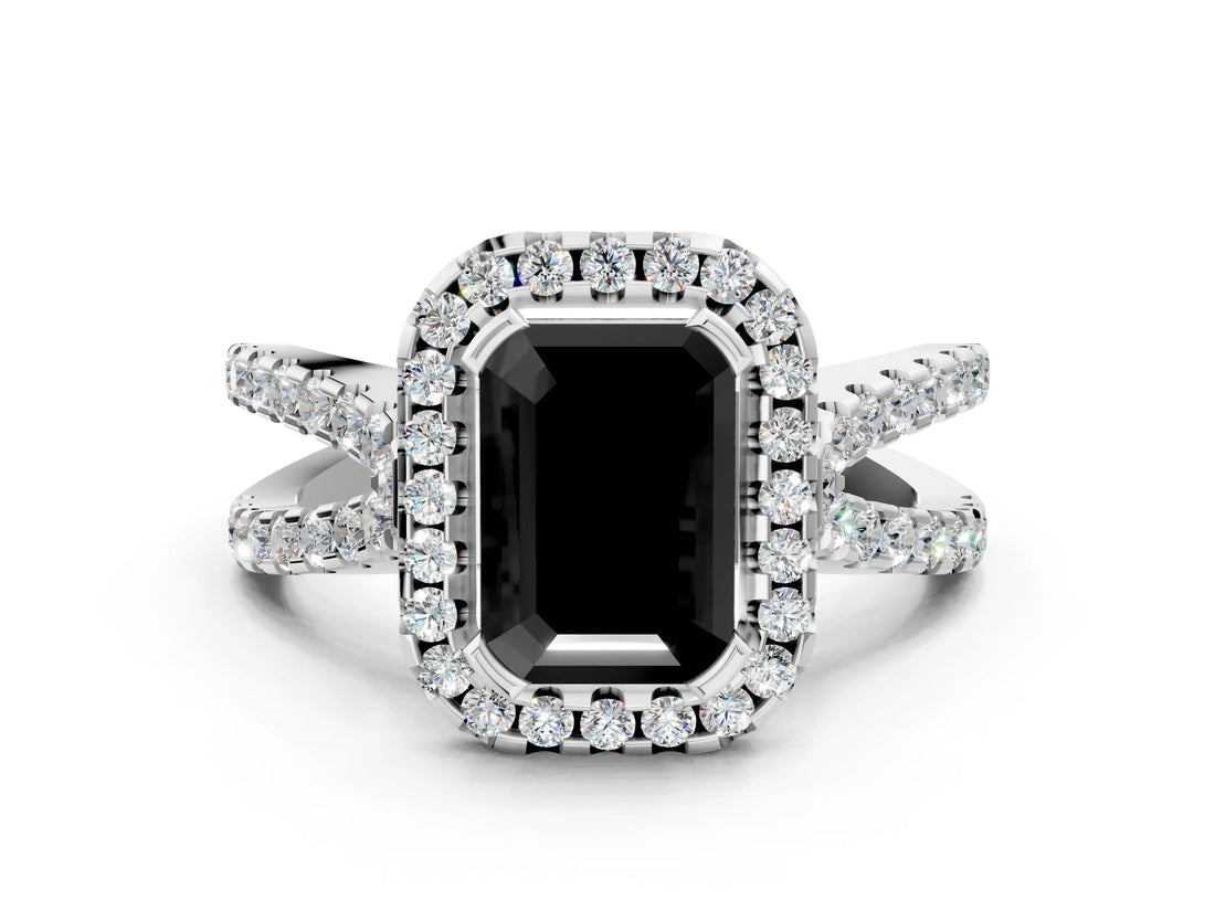 White gold Fancy Black Emerald Cut Diamond Halo Ring with Split Shank Pavé Band and Prong Setting_12