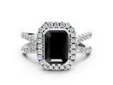 White gold Fancy Black Emerald Cut Diamond Halo Ring with Split Shank Pavé Band and Prong Setting_12