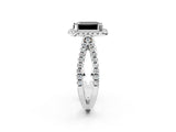 White gold Fancy Black Emerald Cut Diamond Halo Ring with Split Shank Pavé Band and Prong Setting_14