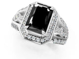 White gold Fancy Black Emerald Cut Diamond Halo Ring with Split Shank and Bezel Accents and Four-Prong Setting_1