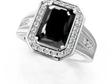 White gold Fancy Black Emerald Cut Diamond Halo Ring with Split Shank and Bezel Accents and Prong Setting_1