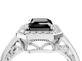 White gold Fancy Black Emerald Cut Diamond Halo Ring with Split Shank and Bezel Accents and Prong Setting_4