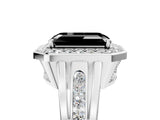 White gold Fancy Black Emerald Cut Diamond Halo Ring with Split Shank and Bezel Accents and Prong Setting_5