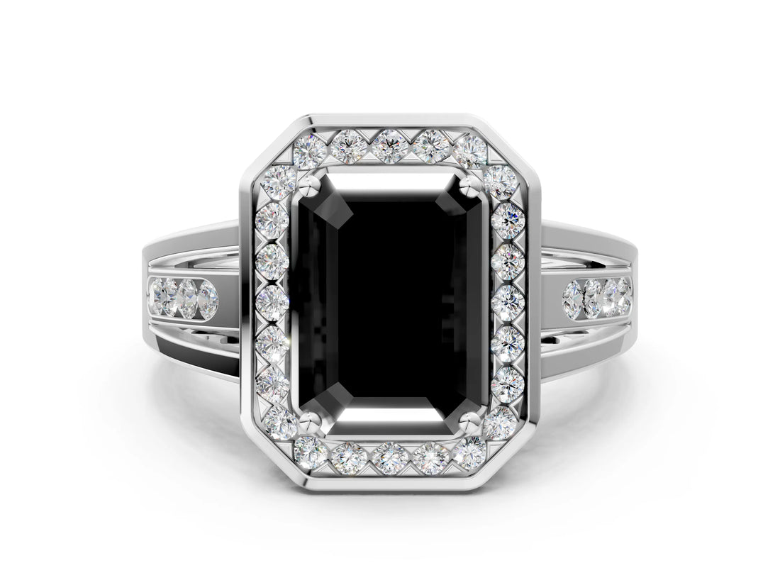 White gold Fancy Black Emerald Cut Diamond Halo Ring with Split Shank and Bezel Accents and Prong Setting