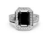 White gold Fancy Black Emerald Cut Diamond Halo Ring with Split Shank and Bezel Accents and Prong Setting