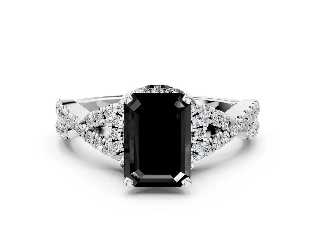 White gold Fancy Black Emerald Cut Diamond  Halo Twist Band Solitaire Prong Setting Ring_13