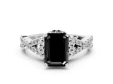 White gold Fancy Black Emerald Cut Diamond  Halo Twist Band Solitaire Prong Setting Ring_13
