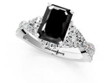 White gold Fancy Black Emerald Cut Diamond Halo Twist Band Solitaire Prong Setting Ring_1