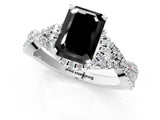 White gold Fancy Black Emerald Cut Diamond  Halo Twist Band Solitaire Prong Setting Ring_56