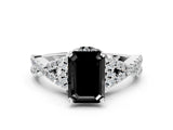 White gold Fancy Black Emerald Cut Diamond Halo Twist Band Solitaire Prong Setting Ring