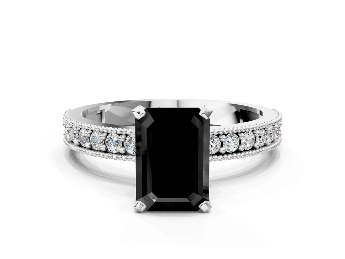 White gold Fancy Black Emerald Cut Diamond Milgrain Pavé Engagement Ring with Four-Prong Setting