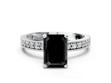 White gold Fancy Black Emerald Cut Diamond Milgrain Pavé Engagement Ring with Four-Prong Setting