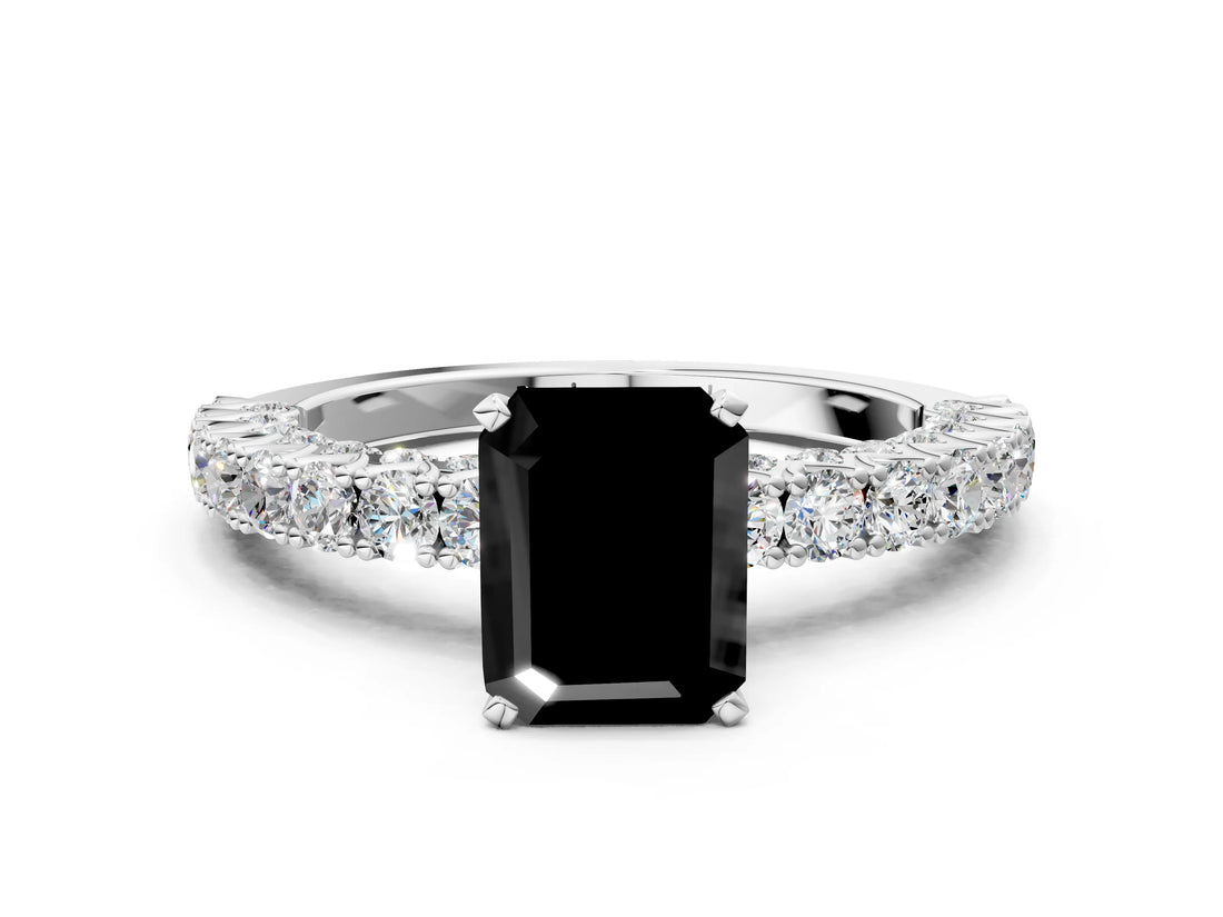 White gold Fancy Black Emerald Cut Diamond Pavé Band Solitaire Ring with Prong Setting_24