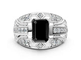 White gold Fancy Black Emerald Cut Diamond Pave Art Deco Split Shank Ring with Four-Prong Setting