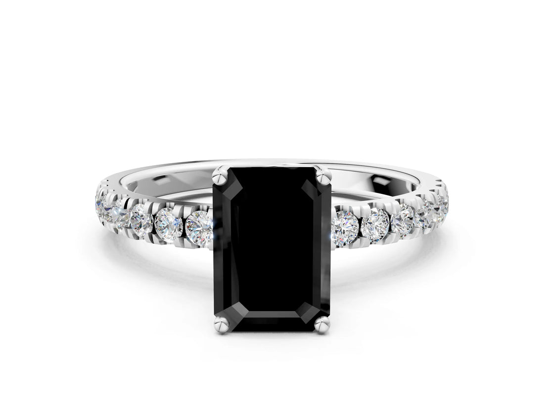 White gold Fancy Black Emerald Cut Diamond Pave Band Solitaire Ring with Round  and Prong Setting_72