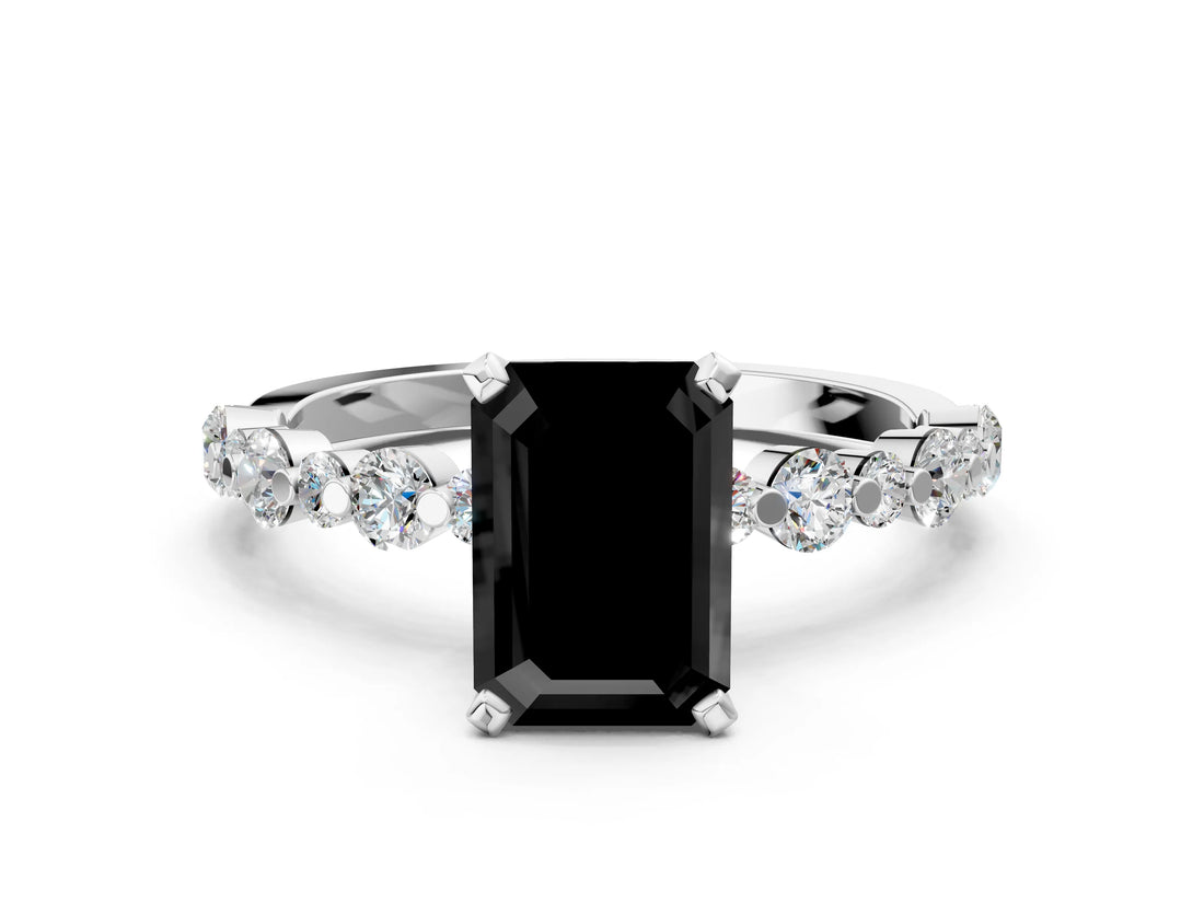 White gold Fancy Black Emerald Cut Diamond Prong Set Engagement Ring with Pave Band