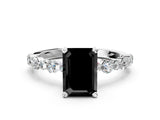 White gold Fancy Black Emerald Cut Diamond Prong Set Engagement Ring with Pave Band