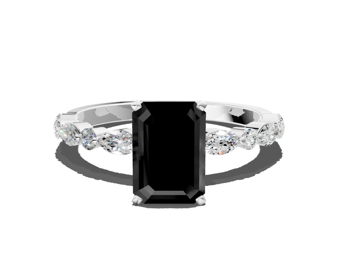 White gold Fancy Black Emerald Cut Diamond Ring with Marquise and Round  Side Stones and Four-Prong Setting_48