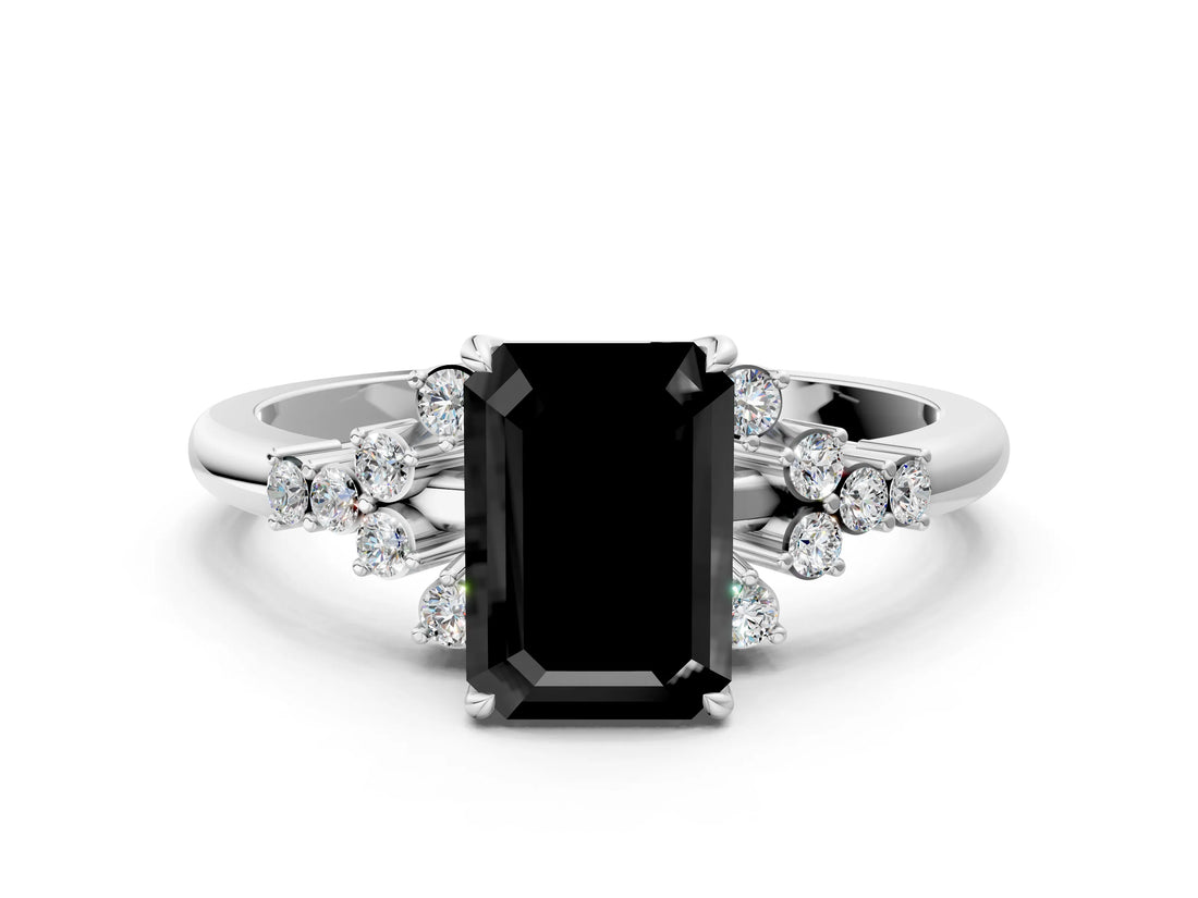 White gold Fancy Black Emerald Cut Diamond Ring with Side Stones and Four-Prong Setting_60