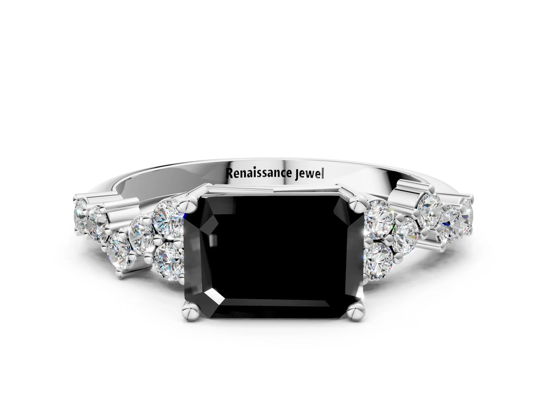White gold Fancy Black Emerald Cut Diamond Scattered Round Accent Ring with Prong Setting_12