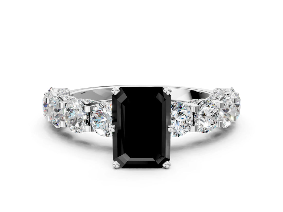 White gold Fancy Black Emerald Cut Diamond Side Stone Engagement Ring with Four-Prong Setting_24