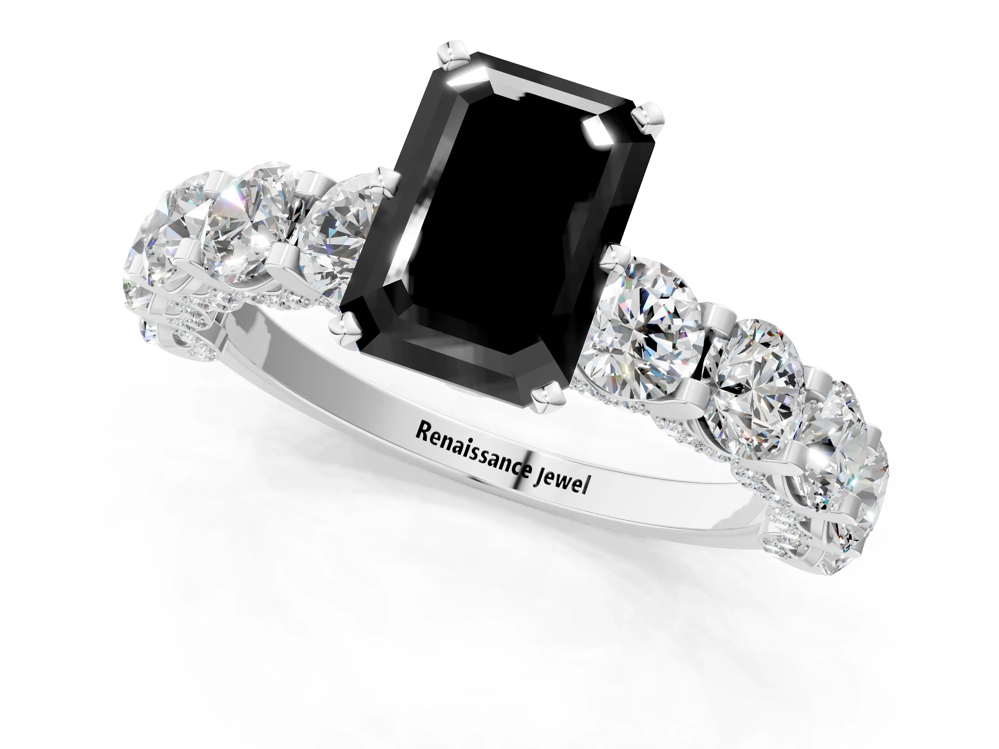 White gold Fancy Black Emerald Cut Diamond Side Stone Engagement Ring with Four-Prong Setting_25