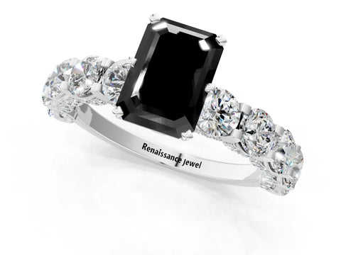 White gold Fancy Black Emerald Cut Diamond Side Stone Engagement Ring with Four-Prong Setting_25