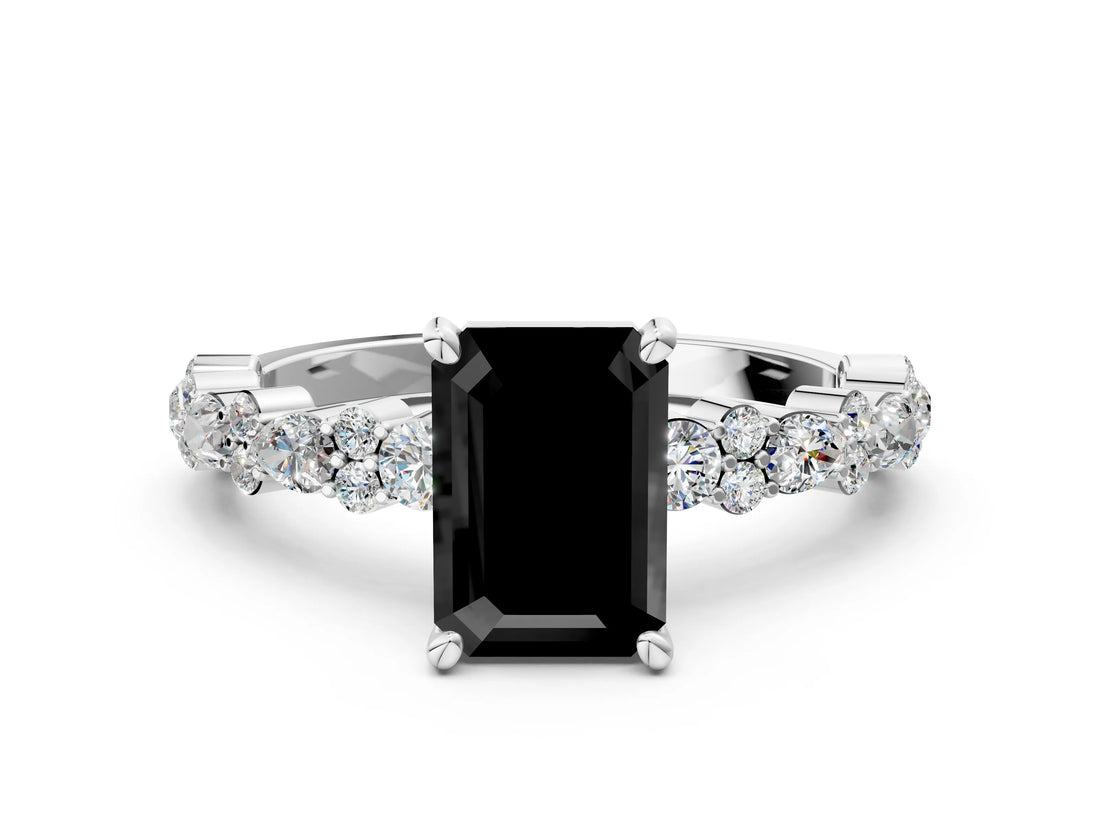 White gold Fancy Black Emerald Cut Diamond Side Stone Solitaire Ring with Round  and Four-Prong Setting_12