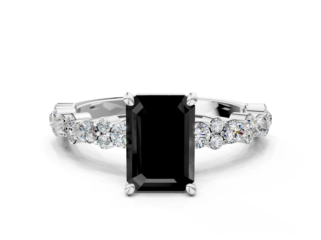 White gold Fancy Black Emerald Cut Diamond Side Stone Solitaire Ring with Round  and Four-Prong Setting_48