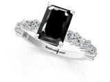 White gold Fancy Black Emerald Cut Diamond Side Stone Solitaire Ring with Round  and Four-Prong Setting_49