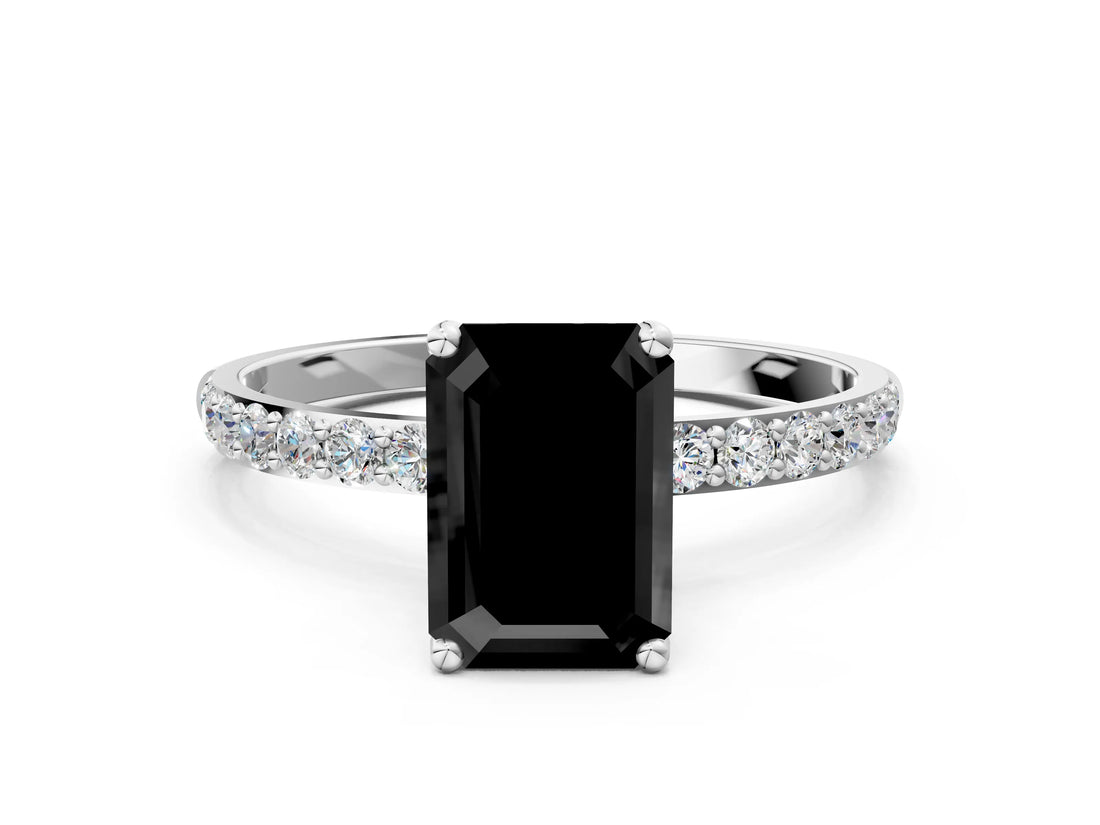 White gold Fancy Black Emerald Cut Diamond Solitaire Engagement Ring with Pavé Band and Prong Setting