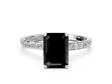 White gold Fancy Black Emerald Cut Diamond Solitaire Engagement Ring with Pavé Band and Prong Setting