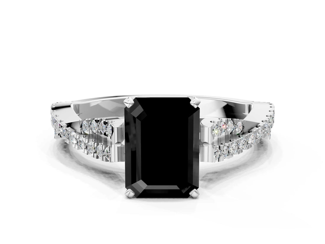 White gold Fancy Black Emerald Cut Diamond Solitaire Engagement Ring with Twisted Pavé Band and Four-Prong Setting_72