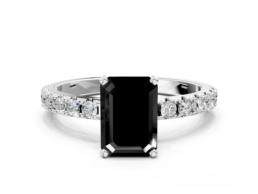 White gold Fancy Black Emerald Cut Diamond Solitaire Pavé Band with Four-Prong Setting