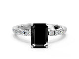 White gold Fancy Black Emerald Cut Diamond Solitaire Pavé Band with Four-Prong Setting