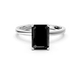 White gold Fancy Black Emerald Cut Diamond Solitaire Ring with Classic Band and Four-Prong Setting