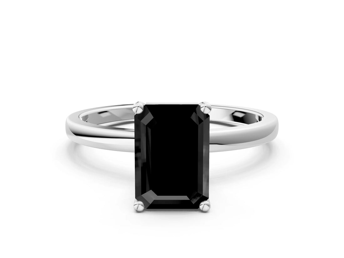 White gold Fancy Black Emerald Cut Diamond Solitaire Ring with Classic Band and Four-Prong Setting