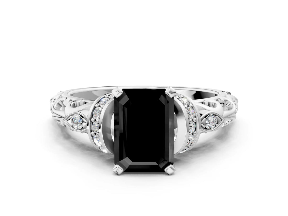 White gold Fancy Black Emerald Cut Diamond Solitaire Ring with Filigree Band and Four-Prong Setting_12
