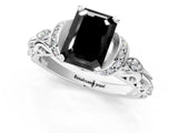 White gold Fancy Black Emerald Cut Diamond Solitaire Ring with Filigree Band and Four-Prong Setting_13