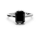 White gold Fancy Black Emerald Cut Diamond Solitaire Ring with Flower Prong Setting and Classic Band_62