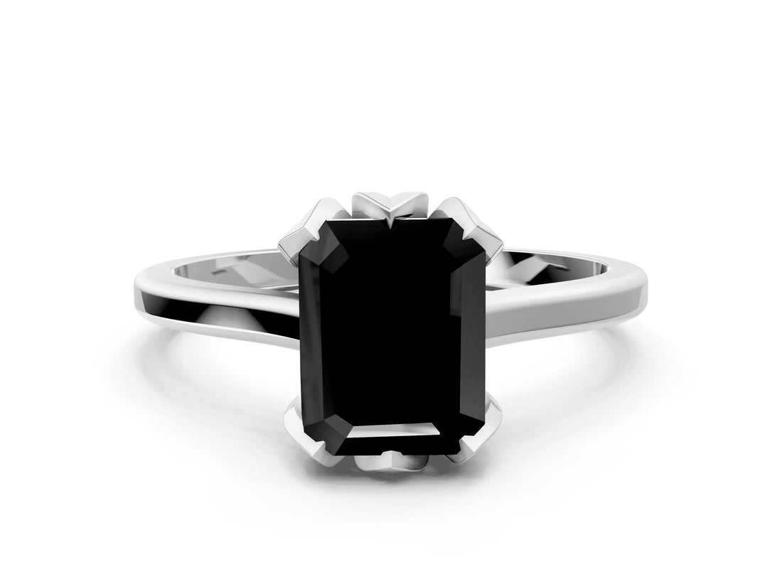 White gold Fancy Black Emerald Cut Diamond Solitaire Ring with Flower Prong Setting and Classic Band_68