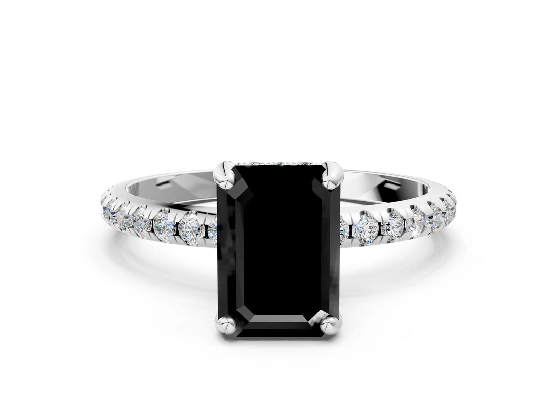 White gold Fancy Black Emerald Cut Diamond Solitaire Ring with Four-Prong Setting and Pavé Band_3