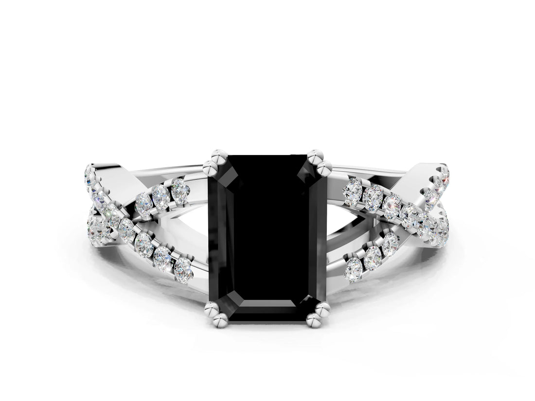 White gold Fancy Black Emerald Cut Diamond Solitaire Ring with Four-Prong Setting and Twisted Pavé Band