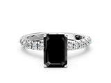 White gold Fancy Black Emerald Cut Diamond Solitaire Ring with Pavé Accents and Four-Prong Setting