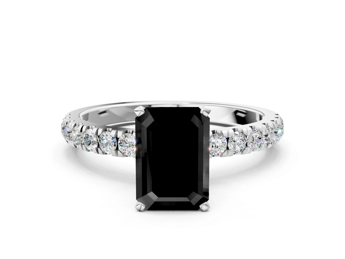 White gold Fancy Black Emerald Cut Diamond Solitaire Ring with Pavé Accents and Four-Prong Setting
