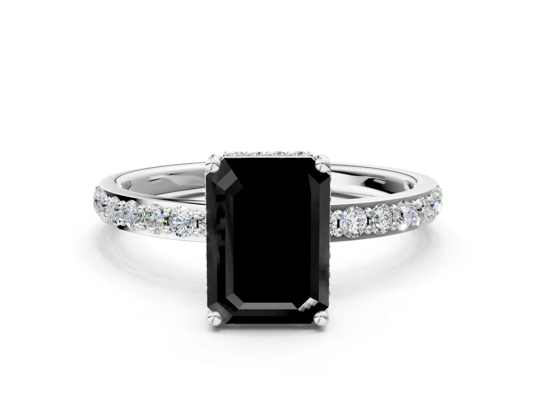 White gold Fancy Black Emerald Cut Diamond Solitaire Ring with Pavé Band and Hidden Halo_24