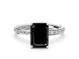 White gold Fancy Black Emerald Cut Diamond Solitaire Ring with Pavé Band and Hidden Halo_24